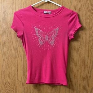Pink Butterfly Embellished Short Sleeve Tee